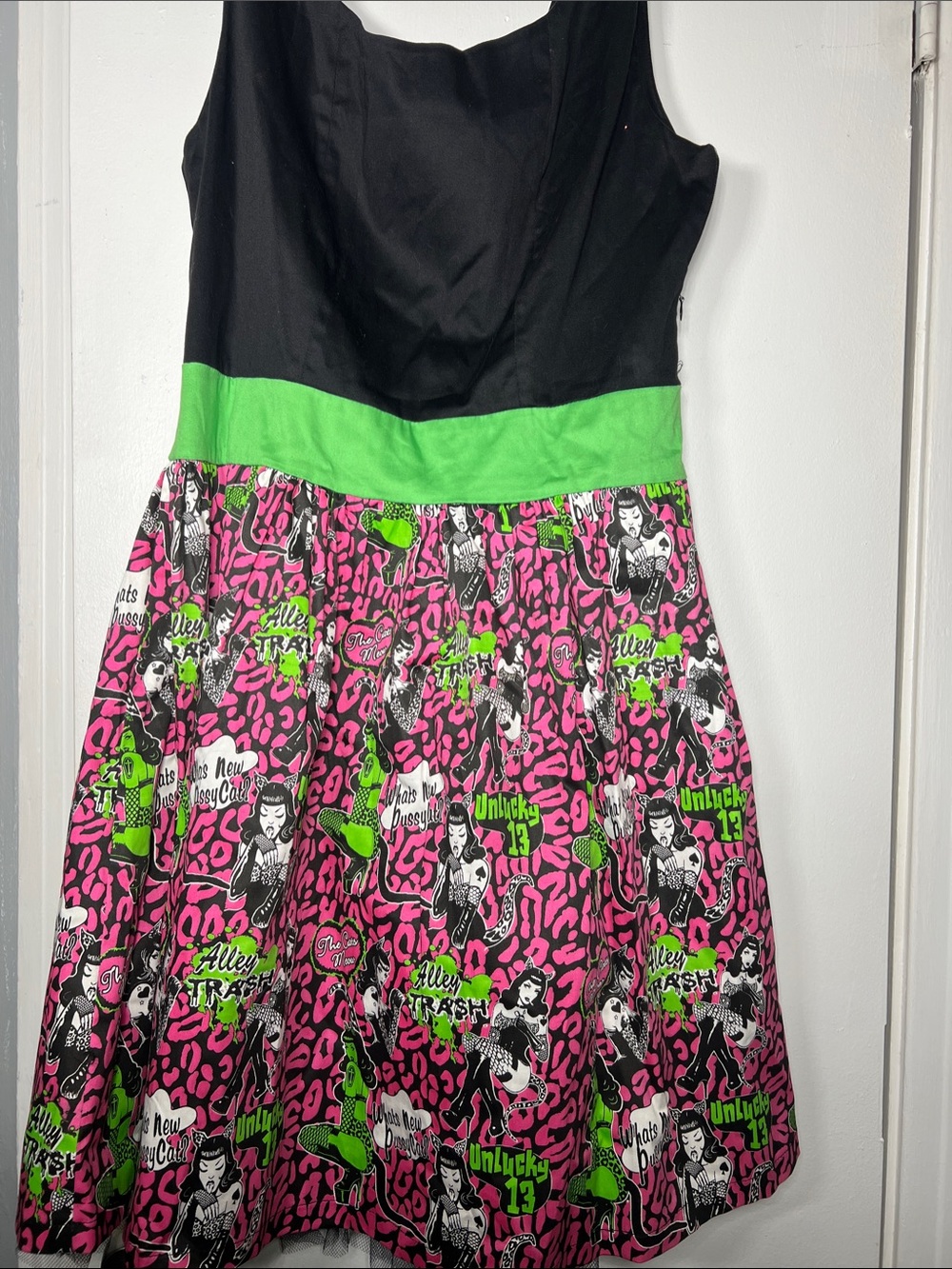 Too Fast Gracie Swing Dress Size XL Cats Meow Pink Green Leopard Psychobilly